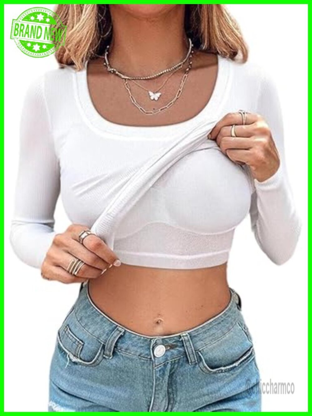 Long Sleeve Square Neck T Shirt with Built-in Shelf Bra Ribbed Knit Slim Fit